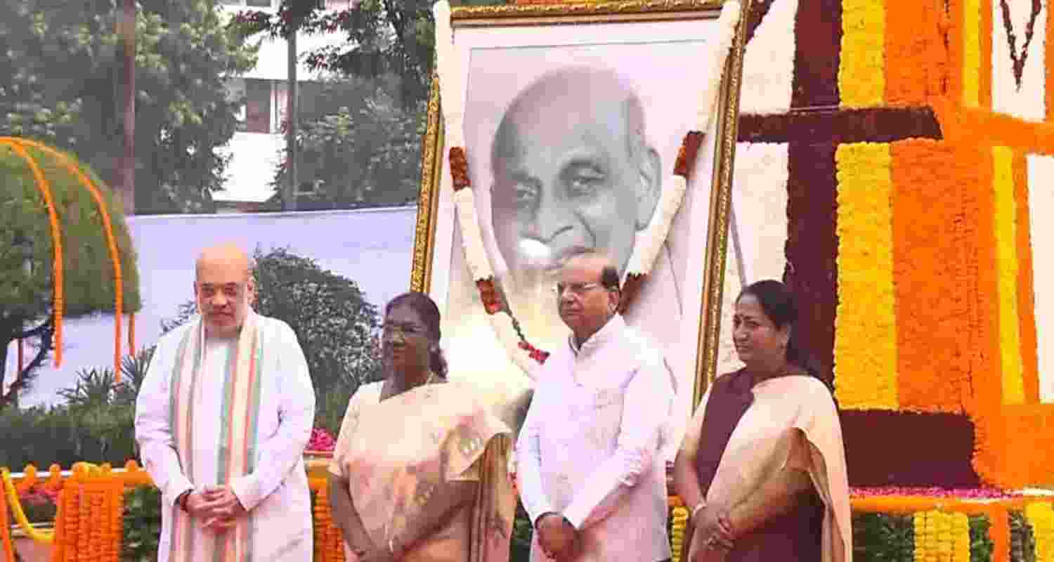 Union Home Minister Amit Shah, President Droupadi Murmu, Delhi LG VK Saxena, Delhi Chief Minister Rekha Gupta (L-R).