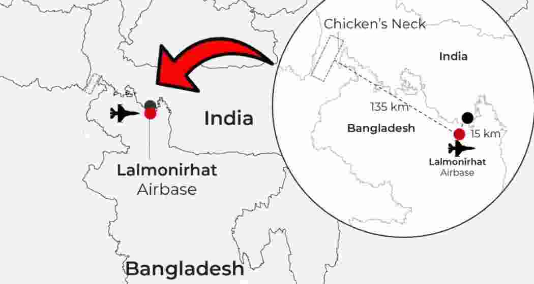 A map illustrating the Lalmonirhat Airbase’s proximity to India’s strategic Siliguri Corridor, popularly known as the Chicken’s Neck, a crucial region for national security and northeastern connectivity, where Bangladesh is constructing a fighter hangar.