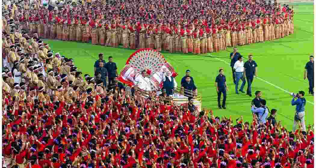 Prime Minister Narendra Modi with the Assam Chief Minister Himanta Biswa Sarma during the mega Bihu dance program, in Guwahati.