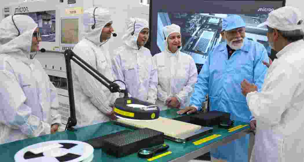 Prime Minister Narendra Modi at the Micron Technology's semiconductor facility, in Sanand, Gujarat. PM Modi inaugurated the company's ATMP (Assembly, Testing, Marking and Packaging) plant.