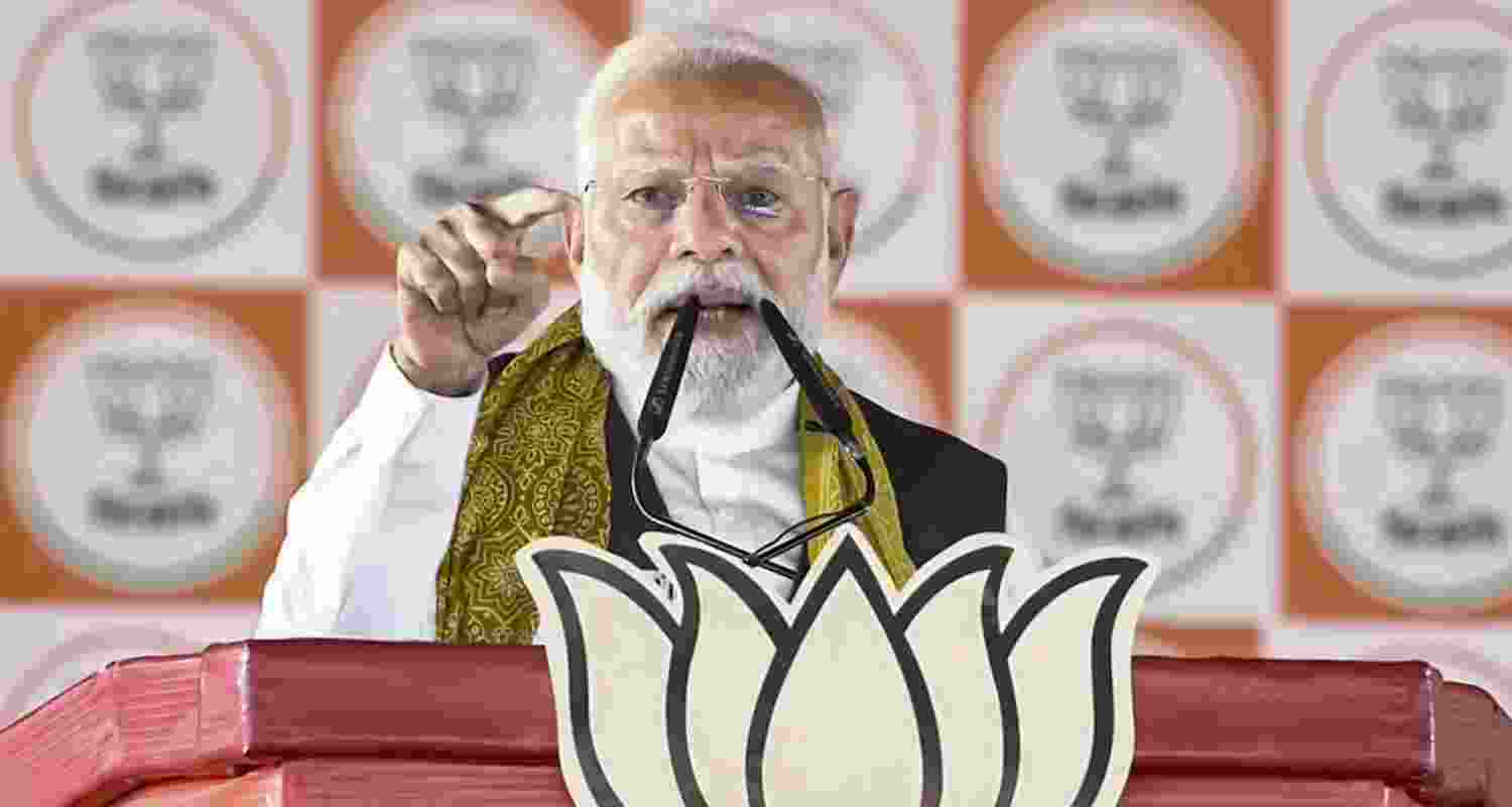 Prime Minister Narendra Modi speaks during a public meeting ahead of the West Bengal Assembly elections, in Haldia, West Bengal. 