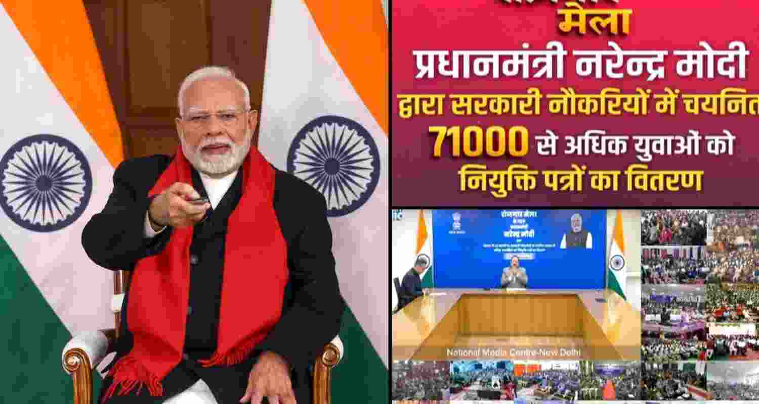 Prime Minister Narendra Modi at an event organised to distribute appointment letters to new recruits under Rozgar Mela via video conferencing.