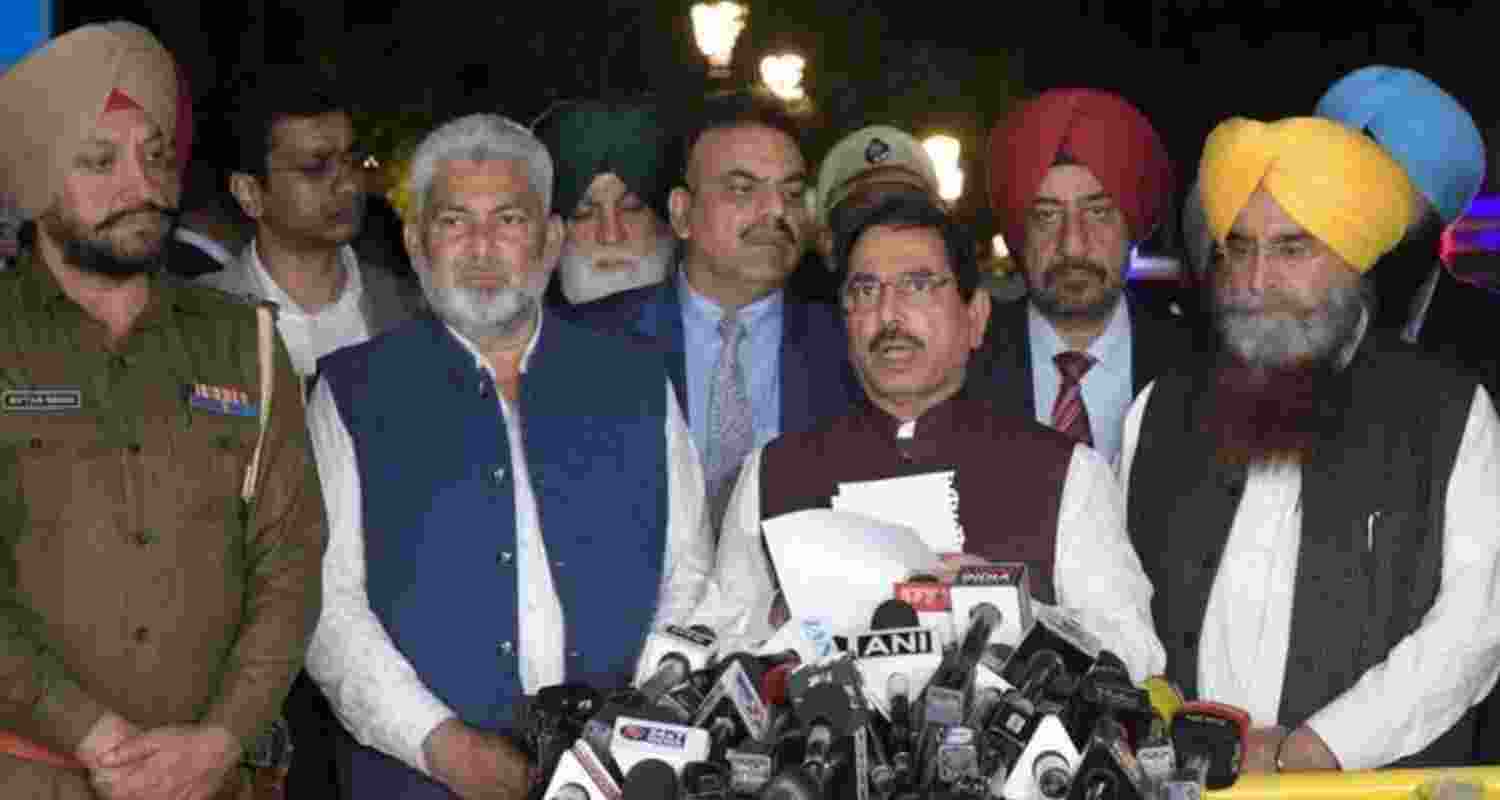 Union minister Pralhad Joshi addressing reporters in Chandigarh, February 14.