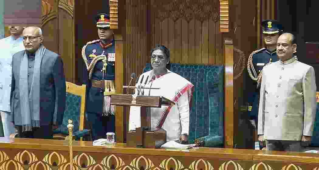 President Droupadi Murmu during the joint sitting of Parliament in New Delhi on Wednesday, where she highlighted the Northeast’s growing role in India’s development strategy and infrastructure-led growth.
