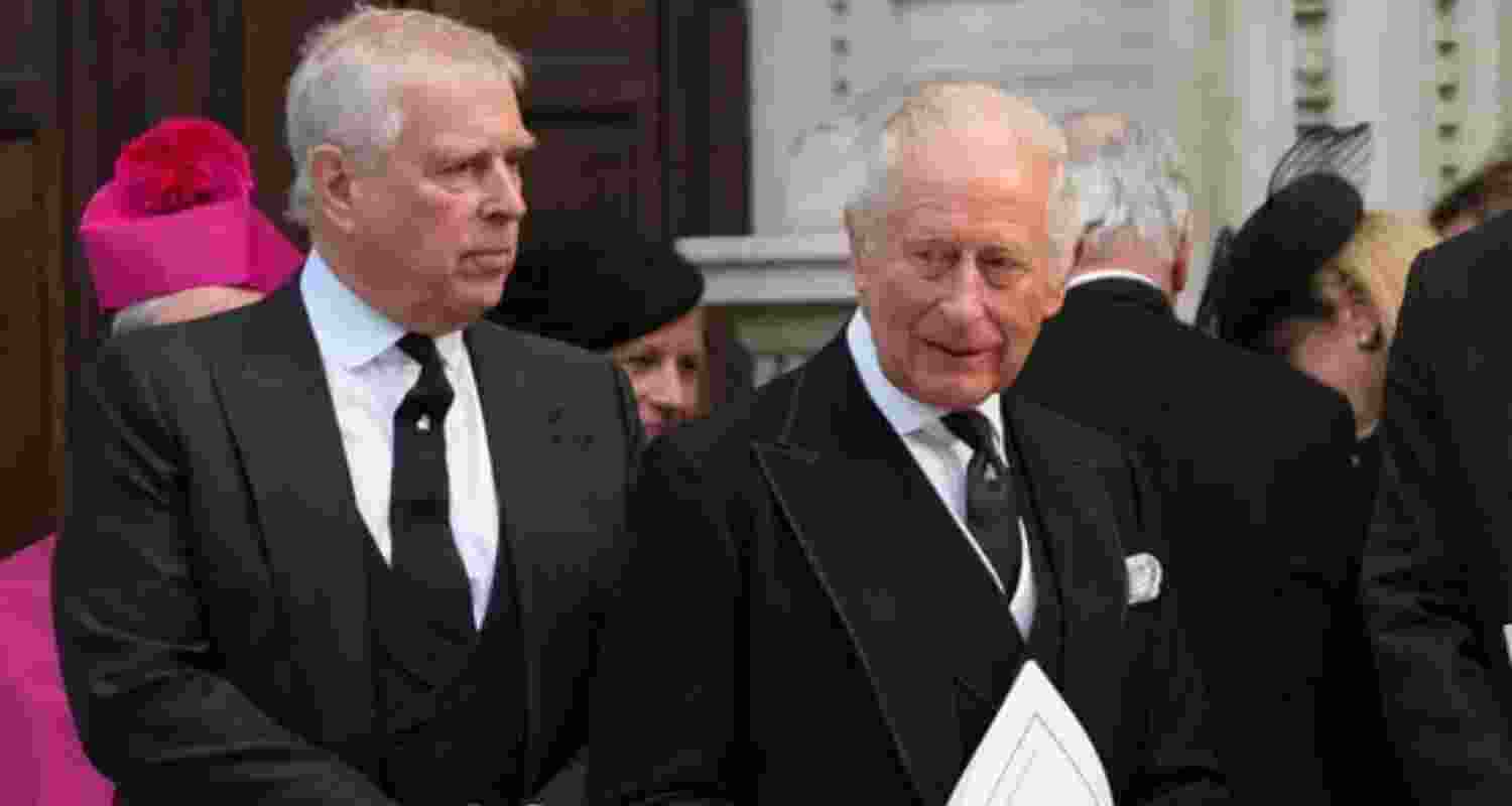 Andrew, left, and Britain's King Charles III leave after the Requiem Mass service for the Duchess of Kent at Westminster Cathedral in London.