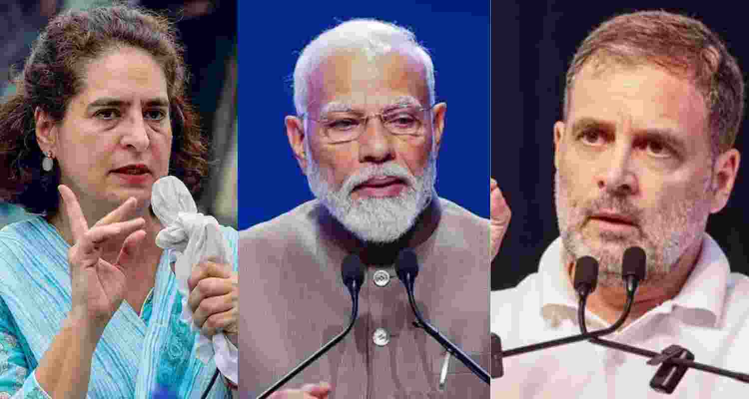 (From left to right) Congress Wayanad MP Priyanka Gandhi Vadra, PM Narendra Modi and Leader of Opposition in the Lok Sabha Narendra Modi.  