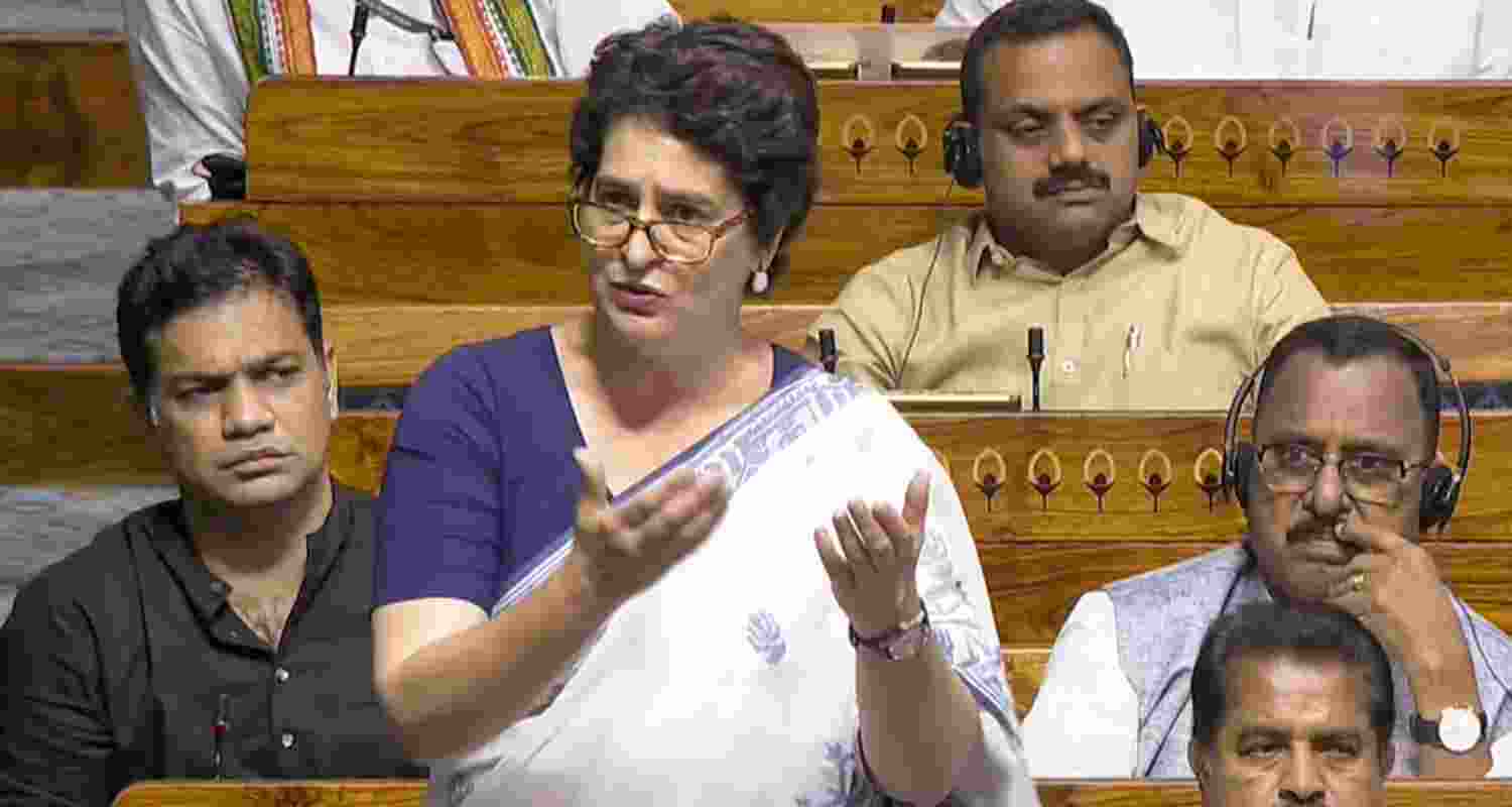 Congress MP Priyanka Gandhi Vadra speaks in the Lok Sabha during the Monsoon session of Parliament, in New Delhi, Wednesday.
