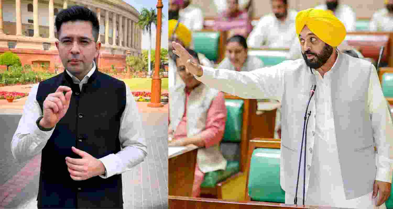 Rajya Sabha MP Raghav Chadha (left) and Punjab CM Bhagwant Mann.