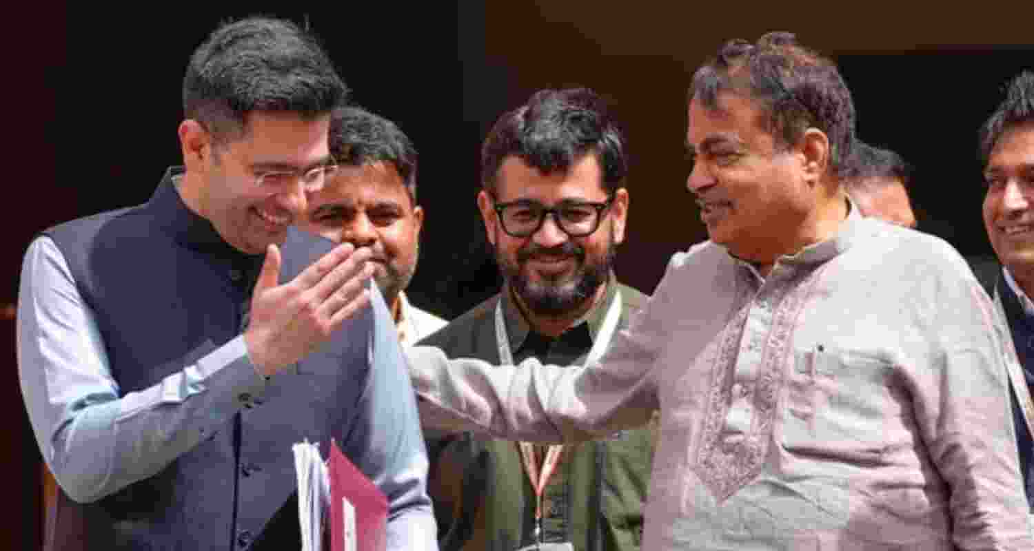 Union Minister Nitin Gadkari with AAP MP Raghav Chadha during the second part of Budget session of Parliament - file image.