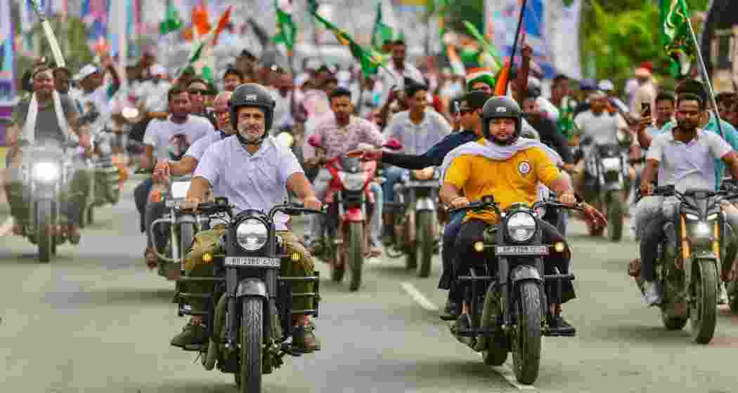 Leader of Opposition in the Lok Sabha Rahul Gandhi and RJD leader Tejashwi Yadav ride motorcycles with others during the 'Voter Adhikar Yatra', in Bihar.