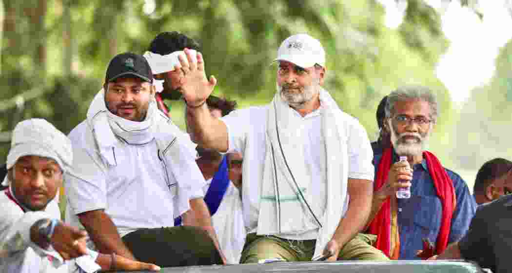Rahul Gandhi and Tejashwi Yadav during the ‘Voter Adhikar Yatra’, in Bihar. 