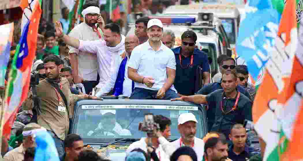 Congress leader Rahul Gandhi with RJD leader Tejashwi Yadav during the 'Voter Adhikar Yatra' in Bihar