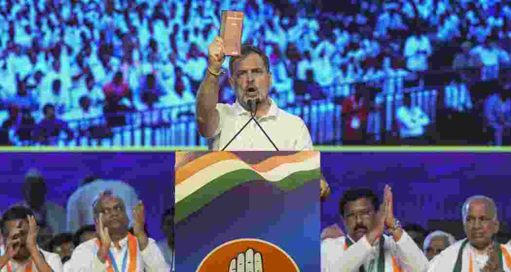 Congress leader and LoP in Lok Sabha Rahul Gandhi addresses the party's 'Vote Adhikar Rally'.
