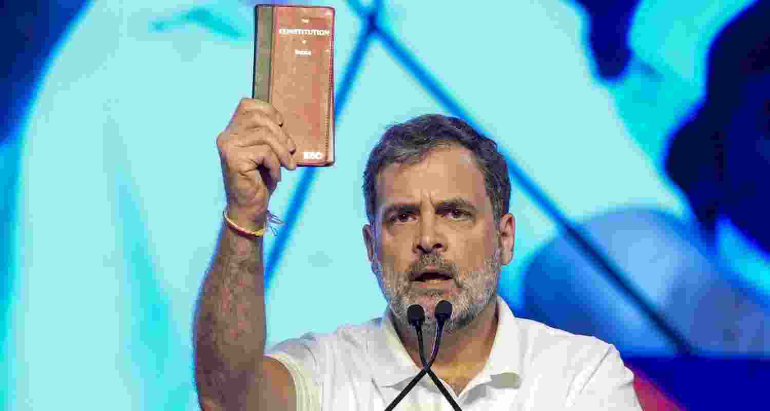 Congress leader and LoP in Lok Sabha Rahul Gandhi addresses the party's 'Vote Adhikar Rally', in Bengaluru, Friday.