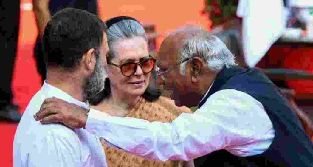 Congress President Mallikarjun Kharge, Congress Parliamentary Party Chairperson Sonia Gandhi and Lok Sabha LoP and party MP Rahul Gandhi in New Delhi on Monday.