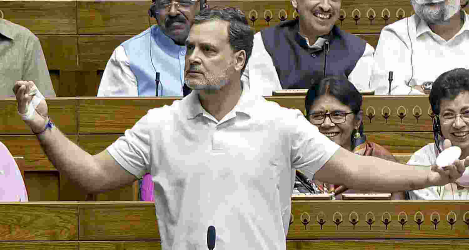 Leader of Opposition in Lok Sabha Rahul Gandhi speaks in the House during the Special session of Parliament, in New Delhi, Friday, April 17, 2026. 