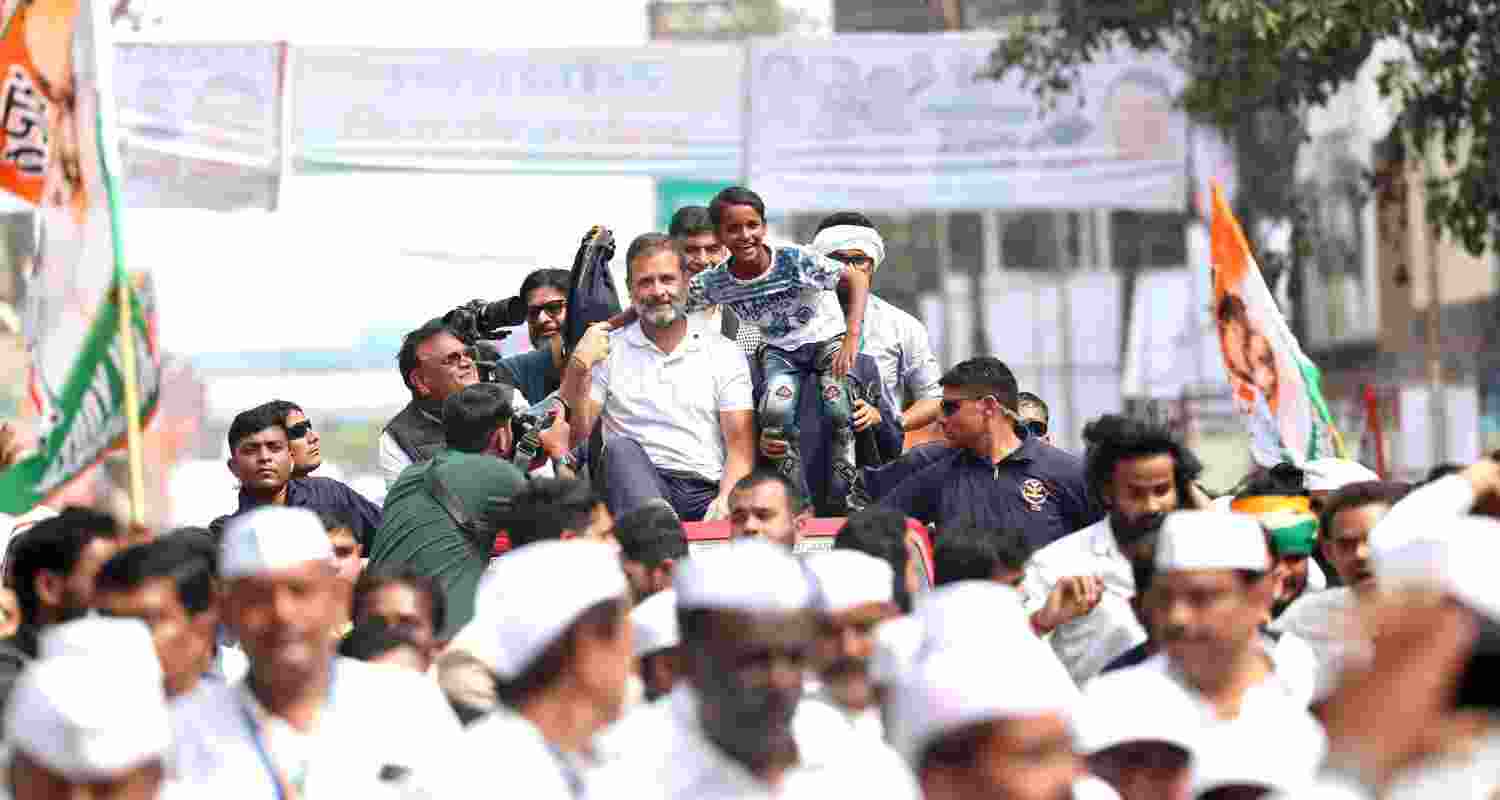 Image of Rahul Gandhi with his supporters during the Nyay Yatra. 
