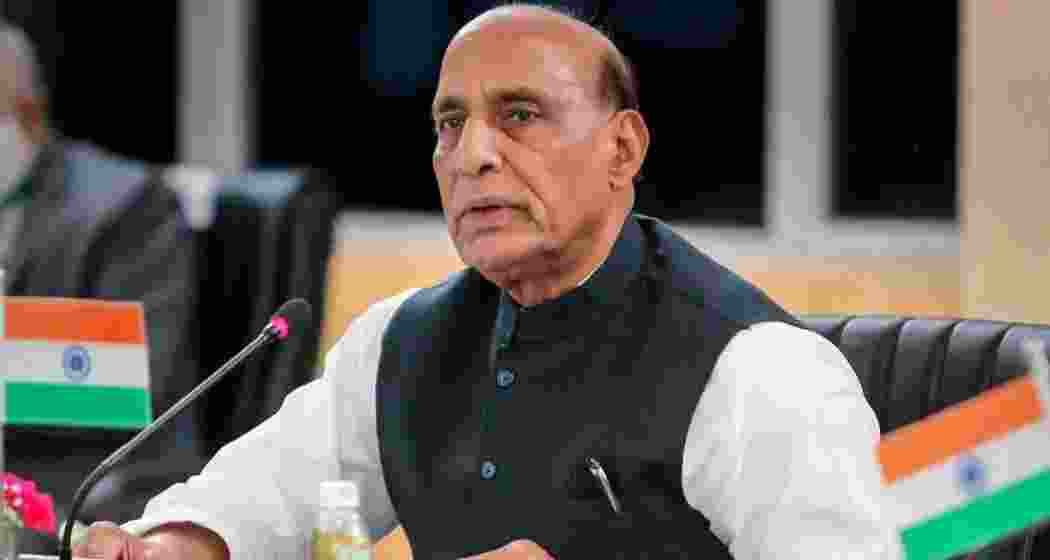 Rajnath Singh addresses a media event.
