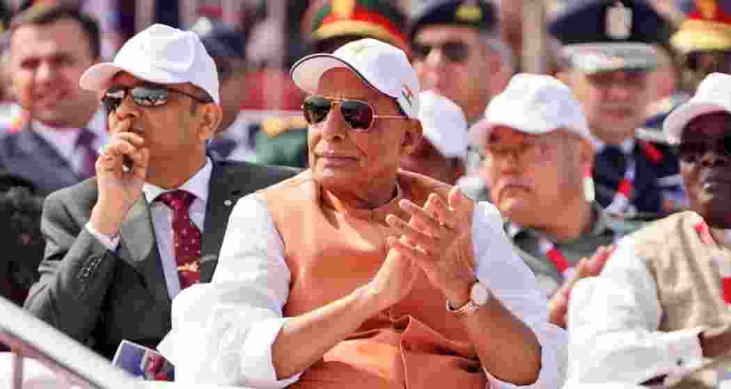 Defense Minister Rajnath Singh at the 15th edition of Aero India at Bengaluru's Yelahanka Air Force Station on Monday.