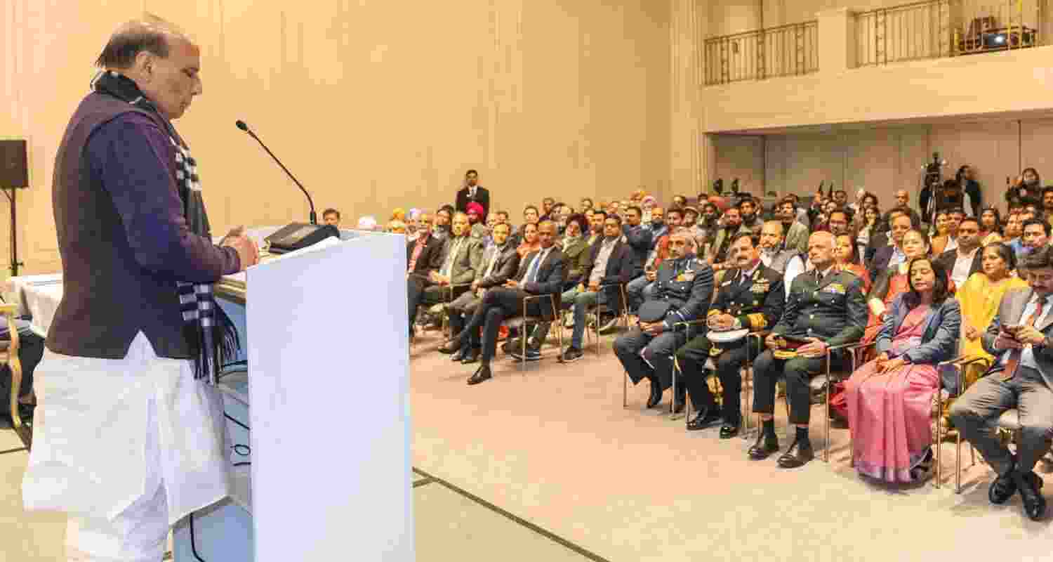 In this image posted on April 22, 2026, Defence Minister Rajnath Singh during an interaction event with members of Indian community in Berlin, Germany.