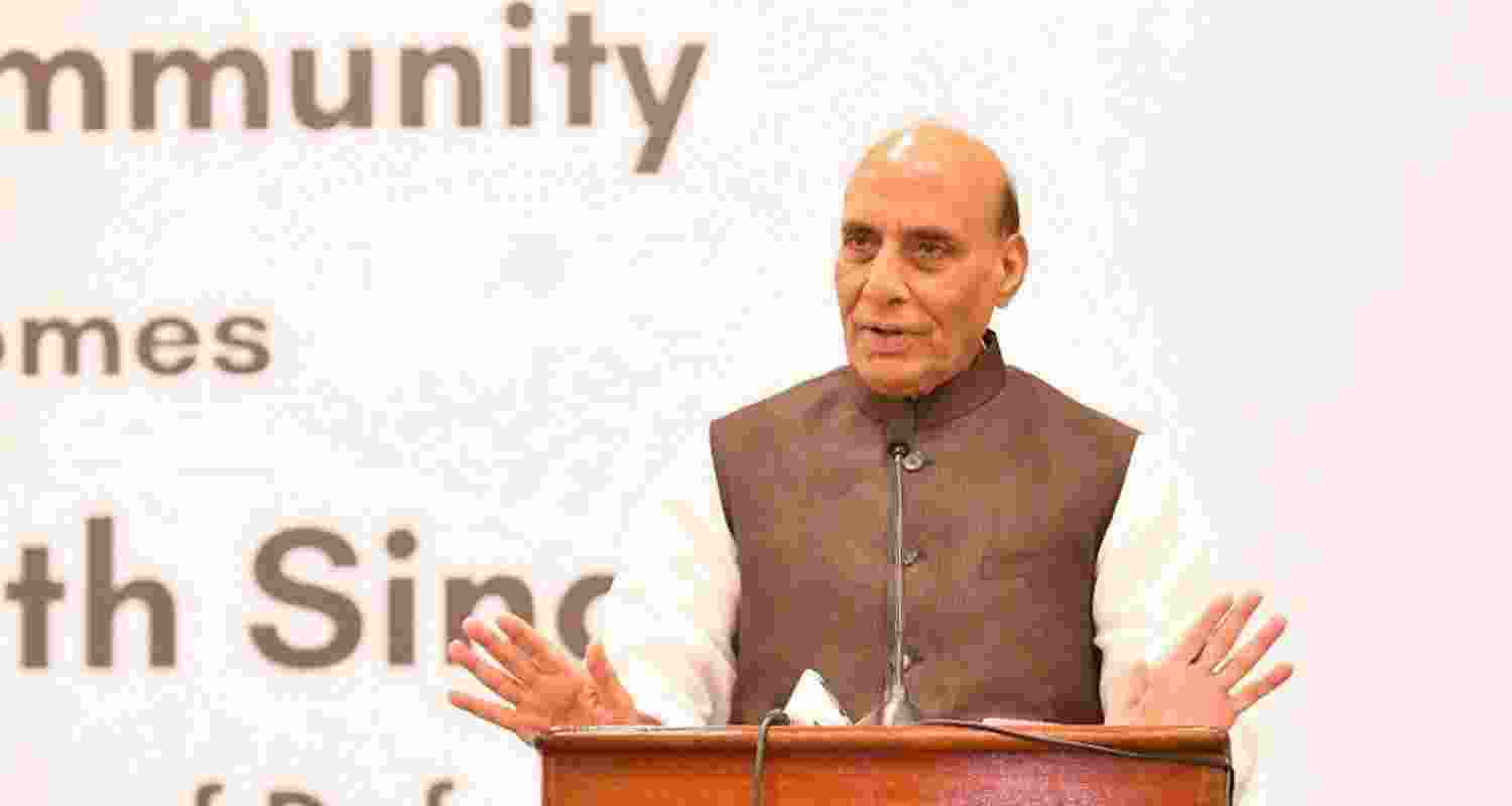 Union Defence Minister Rajnath Singh addresses members of the Indian community, in Rabat, Morocco.