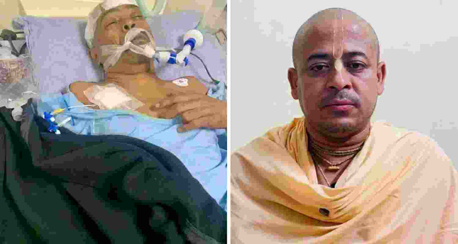 Left: An image of Ramen Roy, the lawyer defending ISKCON Bangladesh chief Chinmoy Das, seen in a critical stage at the hospital. Right: Chinmoy Das.