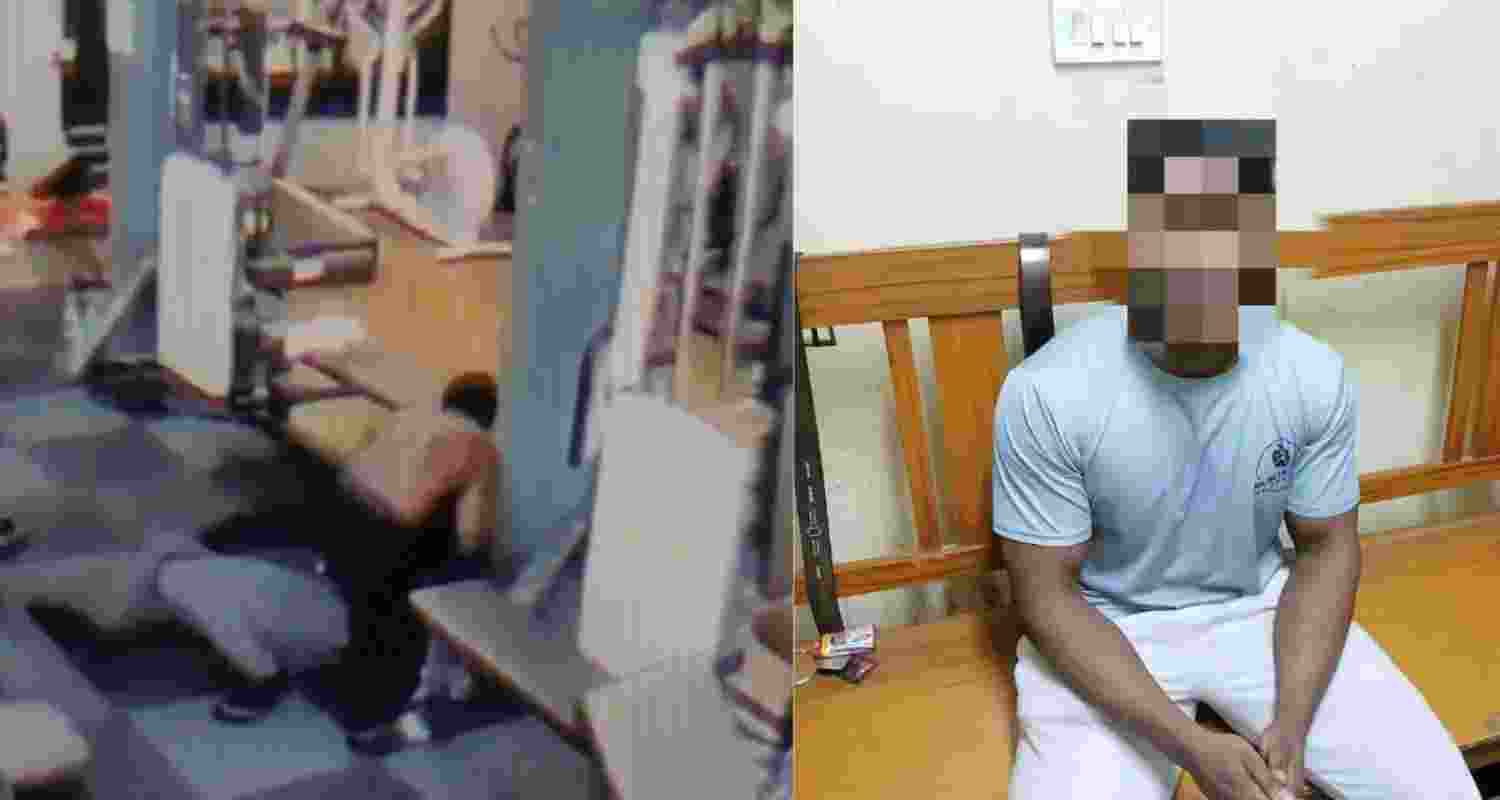 A screengrab of the assault on the women in the gym (L). The gym trainer (R).  