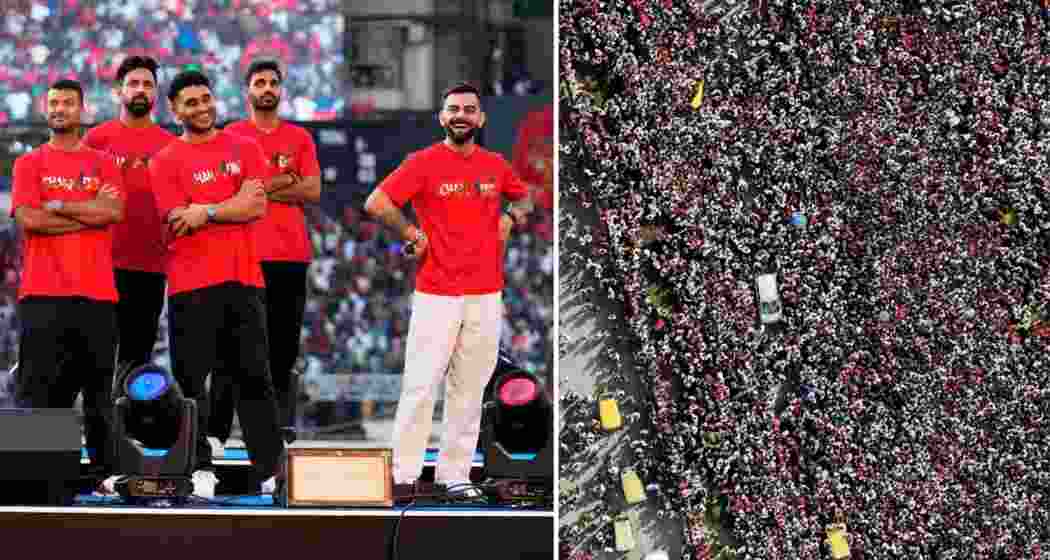 (Left) Virat Kohli with RCB teammates at Chinnaswamy Stadium during the victory celebration as thousands gathered on Bengaluru streets to catch a glimpse of the IPL champions (Right).