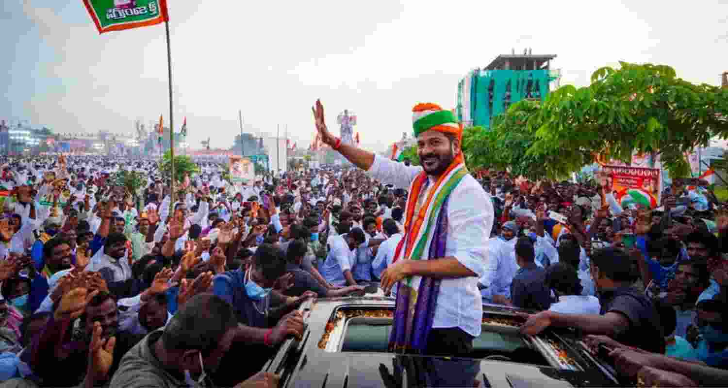 Revanth Reddy waves to the crowd after being elected as the Chief Minister of Telangana in 2023. Image via X.