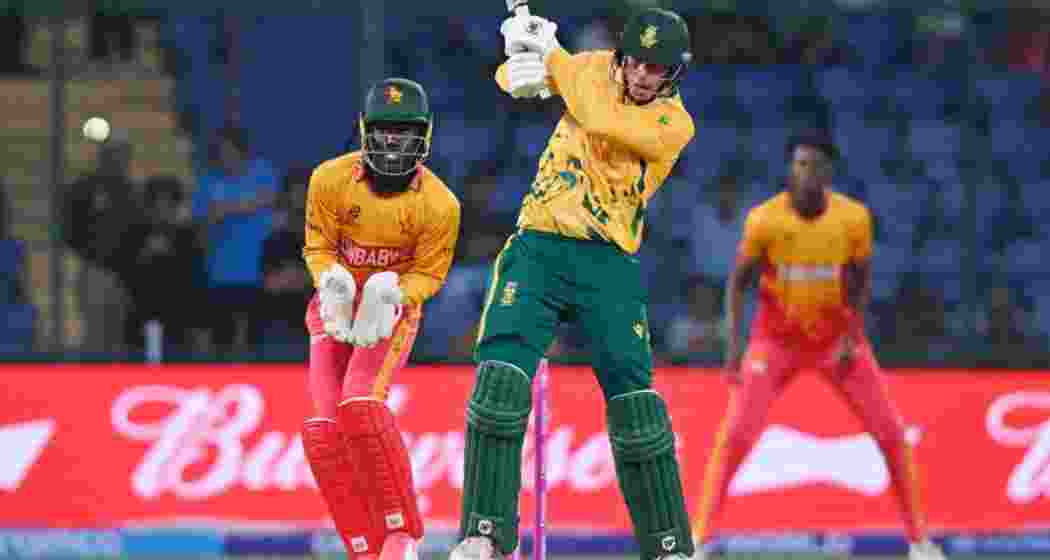 in action during South Africa’s T20 World Cup match against Zimbabwe, contributing with both bat and ball as the Proteas secured a five-wicket win.