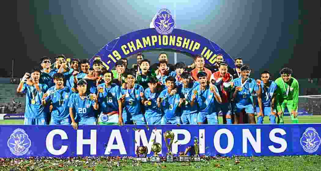 India U19s celebrate their SAFF U19 Championship win after a tense 4-3 penalty shootout victory over Bangladesh at the Golden Jubilee Stadium in Yupia, Arunachal Pradesh.