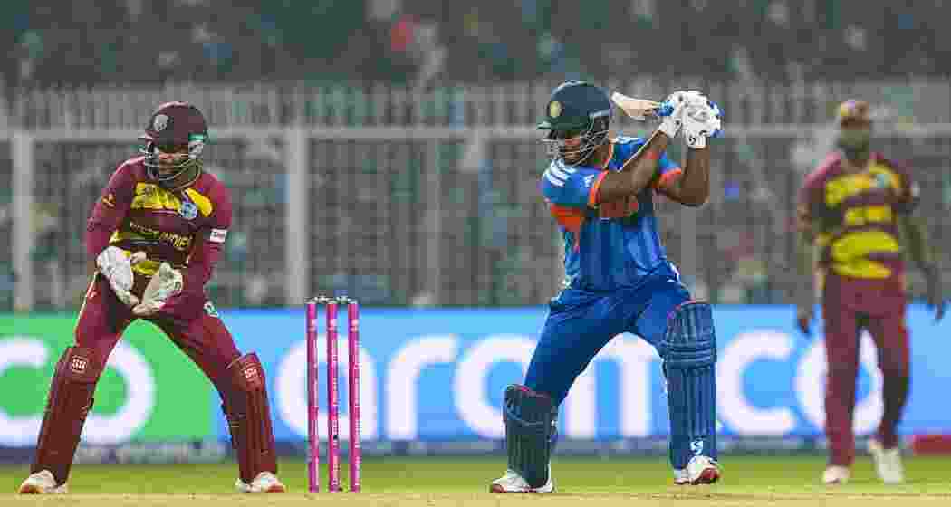 India's Sanju Samson plays a shot during an ICC Men's T20 World Cup 2026 cricket match between India and West Indies, at the Eden Gardens, in Kolkata, West Bengal on Sunday.