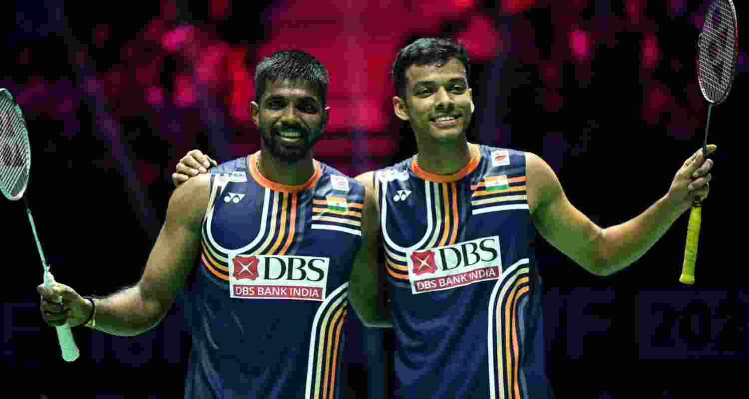 Satwiksairaj Rankireddy and Chirag Shetty celebrate after beating Malaysia’s Aaron Chia and Wooi Yik Soh in the men’s double quarterfinal match at the BWF World Championships in Paris on Friday night.