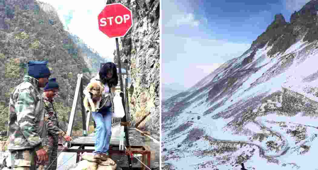 Indian Army personnel rescue stranded tourists during ‘Operation Him Setu’ in North Sikkim after landslides and a bridge collapse disrupted connectivity near Lachen amid heavy snowfall and harsh weather.