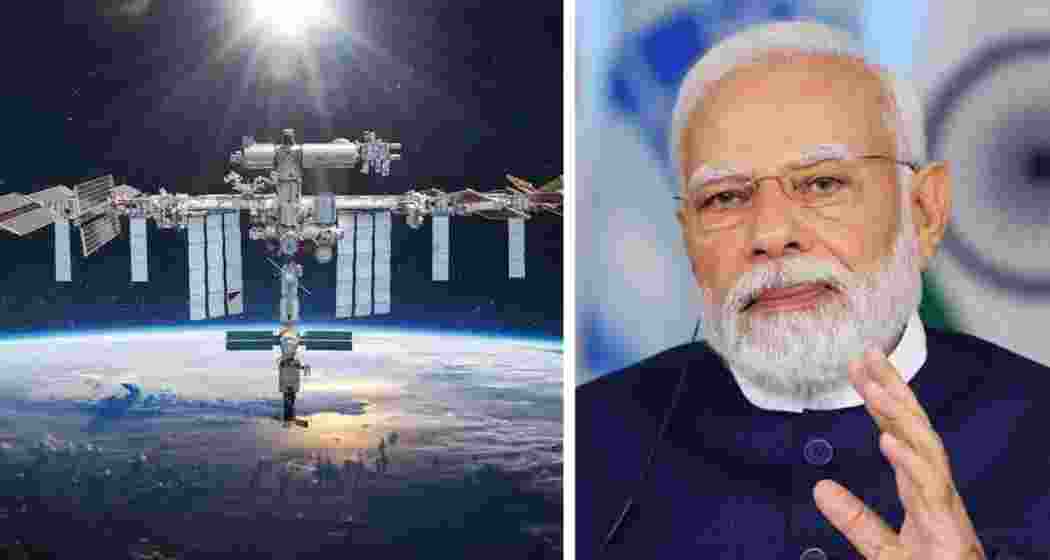 A representative image of India’s ambitious space station project (left); Prime Minister Narendra Modi addresses the nation on National Space Day (right).