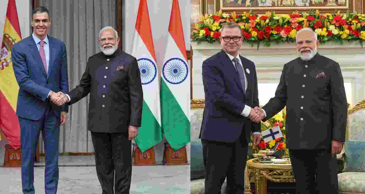 PM Modi with President of Spain, Pedro Sánchez (left) and Finland counterpart, Petteri Orpo. 
