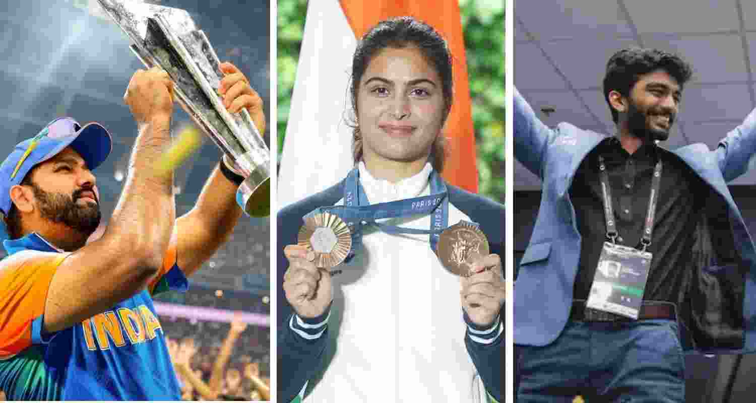 Rohit Sharma lifts the T20 World Cup trophy; Manu Bhaker poses with her Olympic medals; D Gukesh reacts after his World Chess Championship triumph. 