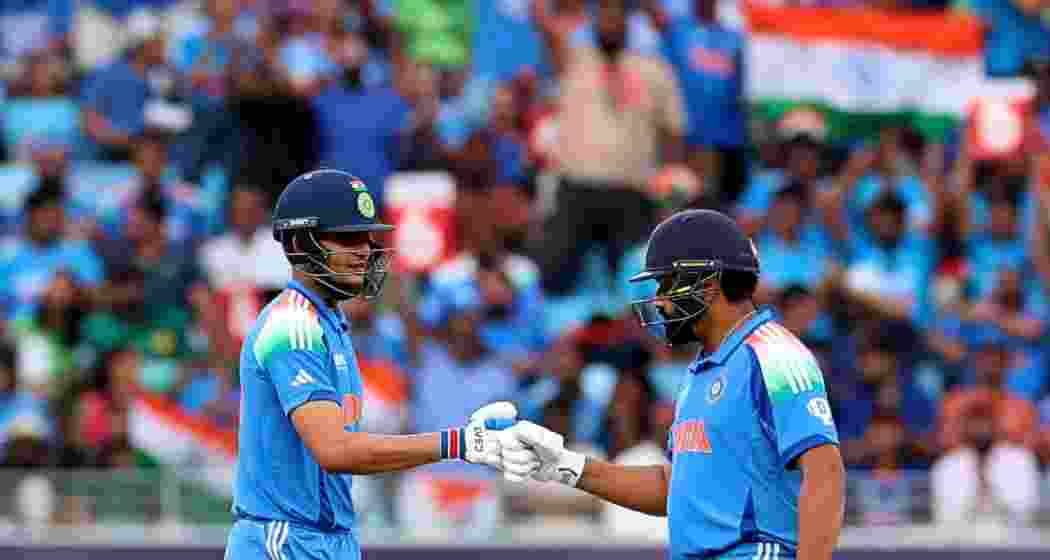 Indian international batters Shubman Gill with skipper Rohit Sharma during the ongoing Champions Trophy. File photo.