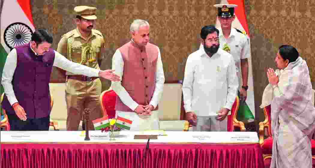 Sunetra Pawar during the swearing-in ceremony as Maharashtra’s first female Deputy Chief Minister on Sunday, in the presence of Chief Minister Eknath Shinde and Deputy CM Devendra Fadnavis, following Ajit Pawar’s death.