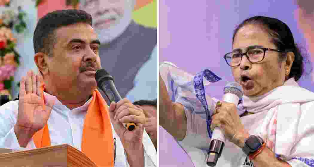 Suvendu Adhikari and Mamata Banerjee address a gathering.