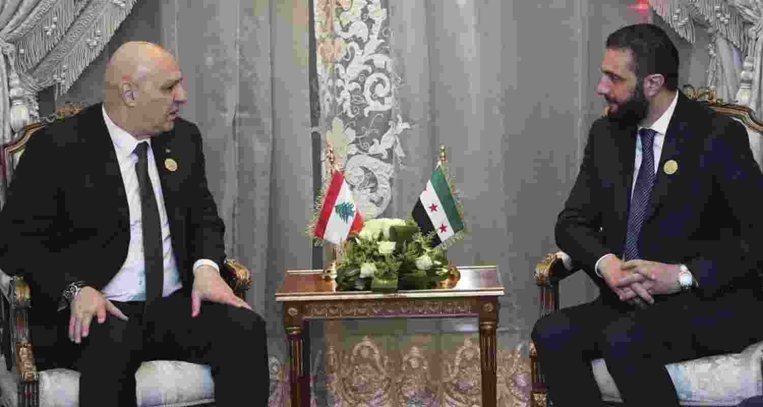 Lebanese President Joseph Aoun meets Syria’s Interim President Ahmad al-Sharaa during the emergency Arab summit just outside Cairo on March 4, 2025.