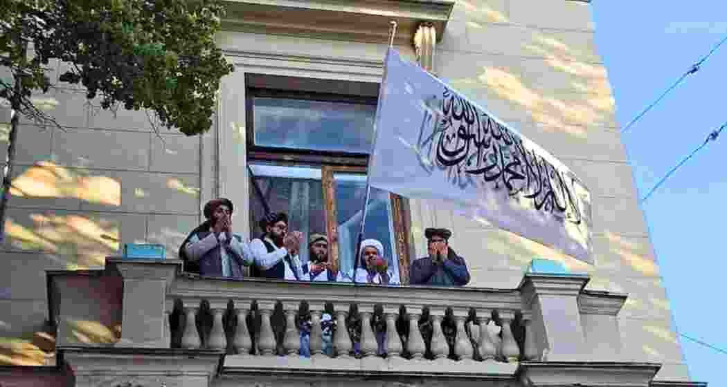 The Taliban flag flies over the Afghan Embassy in Moscow on Friday, following Russia’s formal recognition of the Taliban government and removal of its long-standing “terrorist” designation.