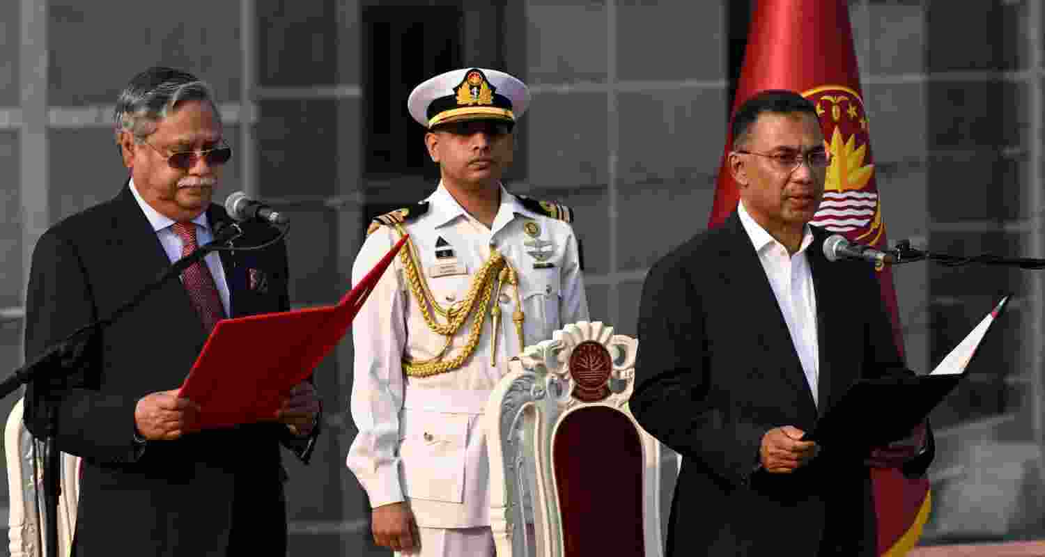 Tarique Rahman, Chairperson of the Bangladesh Nationalist Party, takes oath as Prime Minister of Bangladesh from President Mohammed Shahabuddin (left) at the National Parliament in Dhaka, Bangladesh. 