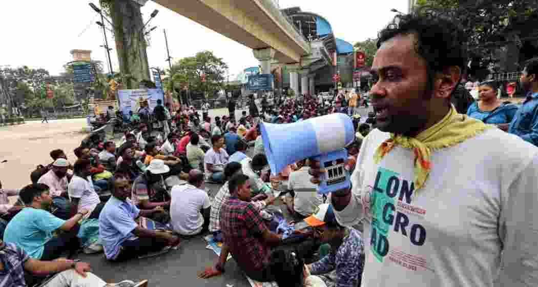 Teachers and non-teaching staff at a protest in Kolkata on April 22. 