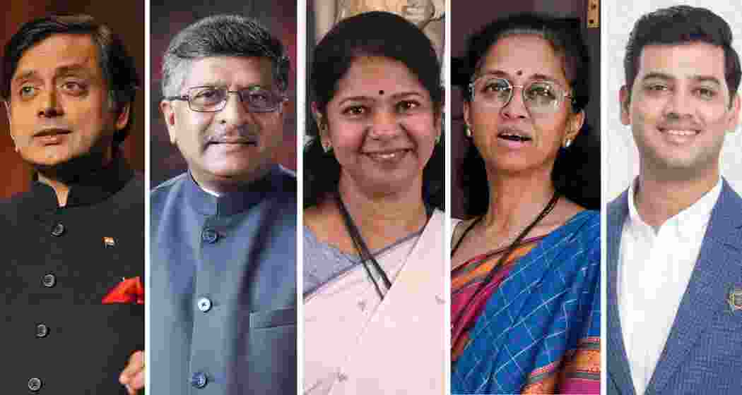 (From left to right) Congress leader Shashi Tharoor, BJP leader Ravi Shankar Prasad, DMK leader Kanimozhi Karunanidhi, NCP (SP) leader Supriya Sule, and Shiv Sena leader Shrikant Eknath Shinde. (File photos)