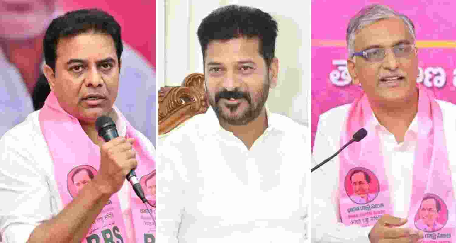 (From left to right) Bharat Rashtra Samithi working president KT Rama Rao, Telangana CM A Revanth Reddy and former Minister T Harish Rao. 