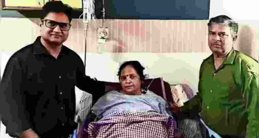 Vinita Shukla with her husband Kuldeep Shukla and son at a hospital in Pilibhit after recovering from a critical condition that had earlier led doctors to declare her brain-dead.