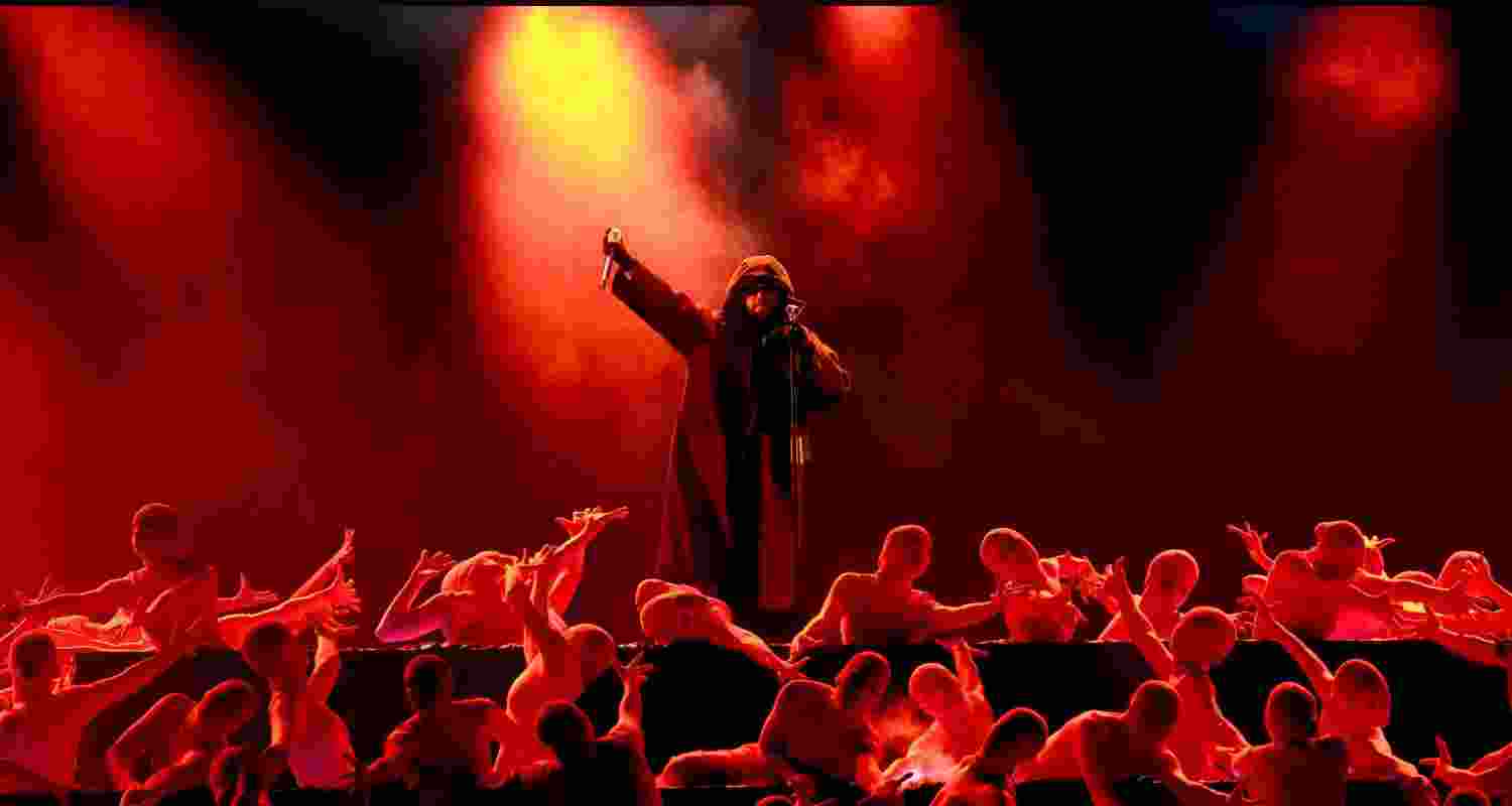 The Weeknd captured during his iconic performance at the Grammys.