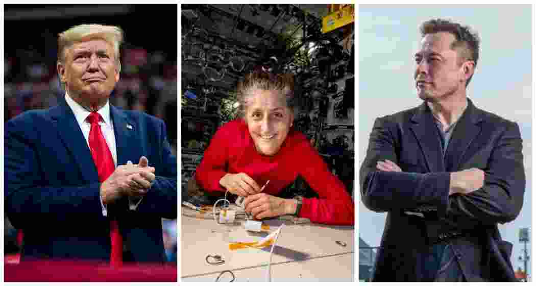 Sunita Williams (C) remains stranded in space as Donald Trump (L) assigns Elon Musk (R) the task of her return.