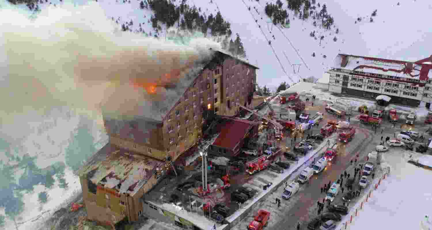 Flames engulf a hotel in Kartalkaya, Bolu Province, Turkey.